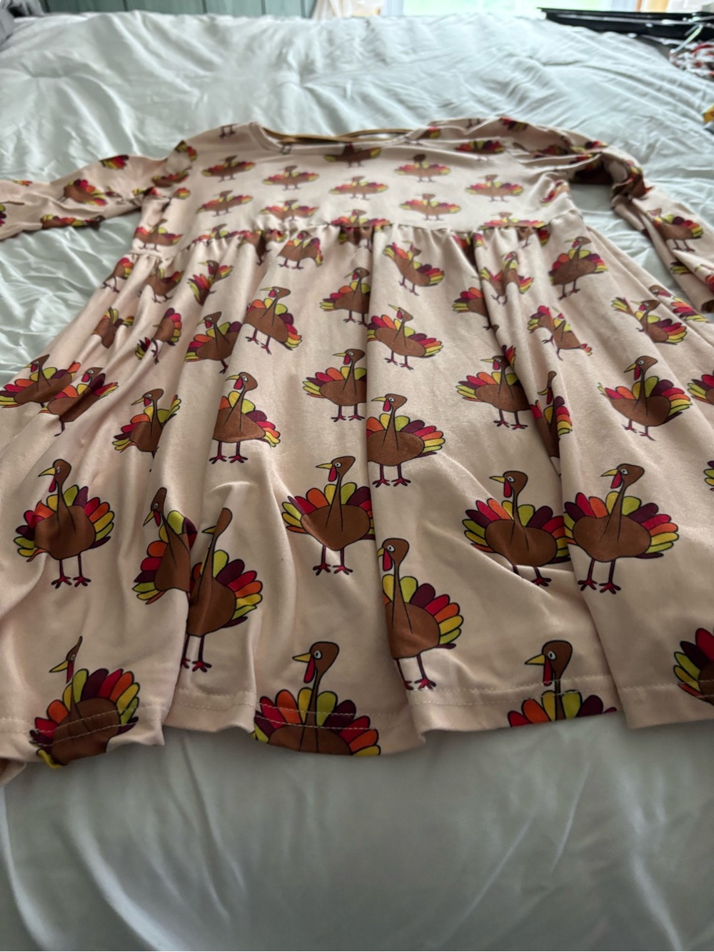 Girls' Cream Turkey-Print Long Sleeve Dress